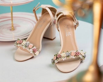 Beautiful square heel wedding shoes with vibrant flowers. 7cm high heel bridal shoes. Luxury wedding shoes.