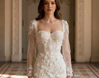 Mini wedding dress with 3D flowers. Beautiful short lace wedding dress. Luxurious evening dress. Custom wedding dress.
