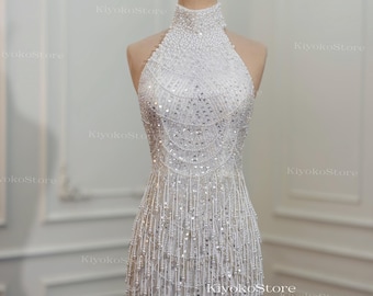 Halter neck wedding dress. Fringe wedding dress. Sparkling beaded wedding dress. Elegant evening gown. Prom dress. Custom wedding dress.