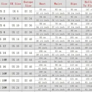 May include: A size chart for women's clothing with measurements in inches and centimetres. The chart shows US, UK, and European sizes, as well as bust, waist, hip, and hollow to floor measurements.
