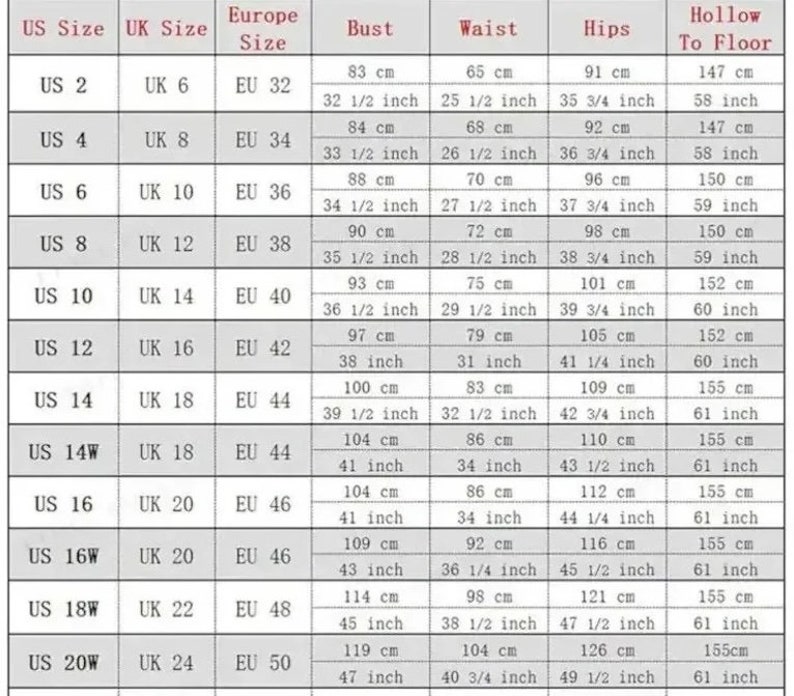May include: A size chart for women's clothing with measurements in inches and centimetres. The chart shows US, UK, and European sizes, as well as bust, waist, hip, and hollow to floor measurements.