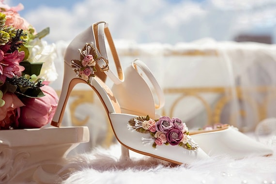 White Wedding Shoes With Leaves Colorful Fabric Flowers and Pearl