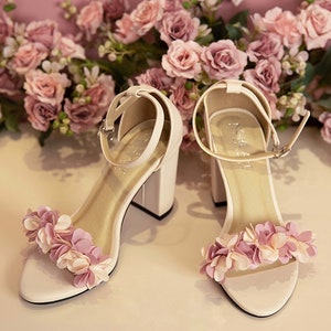 Wedding shoes with square heel sandals with beautiful chiffon flower and pearls. Shoes for the big day