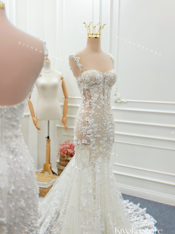 Sparkling mermaid wedding dress. 3d floral lace wedding dress. Bridal dress. Formal wedding dress. Custom wedding dress.