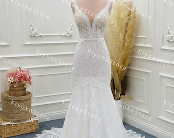 Boho wedding dress. Lace bridal dress. Bohemian wedding gown for bride. Custom made lace boho wedding dress. V neck wedding dress.