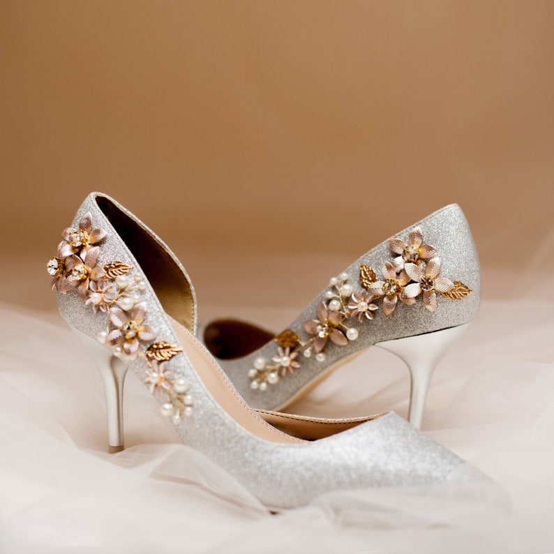 Wedding shoes. Bridal shoes. Fashion shoes. Pearl shoes. Metallic shoes. image 1