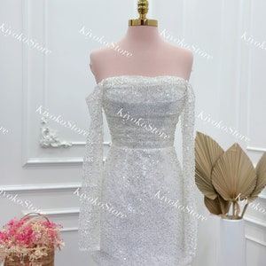 Sparkling reception dress. Luxurious beaded short wedding dress with detachable long sleeves. Hens party dress.