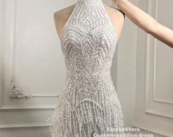 Fringe Beaded Short Wedding Dress, Gatsby Inspired Bridal Mini Dress, Sparkly Bridal Party Dress, Reception or Elopement Outfit