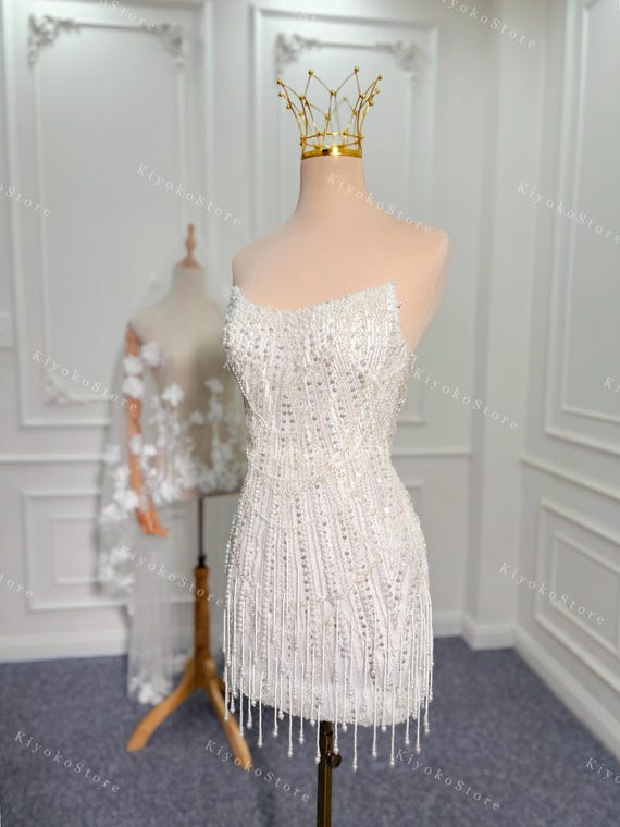 short beaded wedding dress Alina | Lace Mini Beaded corset Sweetheart Pearl Beaded Fringe Short
