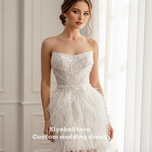 short formal dresses with feathers Nox Anabel R757W Size 2, 12 White Cocktail Dress Short Feather Pearl Sequin Reception Homecoming Dress Cocktail Corset 2 / White main image 1