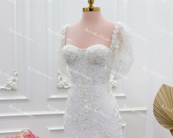 Reception dress with sparkling beads and 3d flowers. Custom wedding dresses. High-end wedding dress.