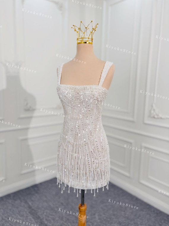 Short fringe wedding dress. Beaded wedding dress. Reception wedding dress. Evening dress. Corset wedding dress.