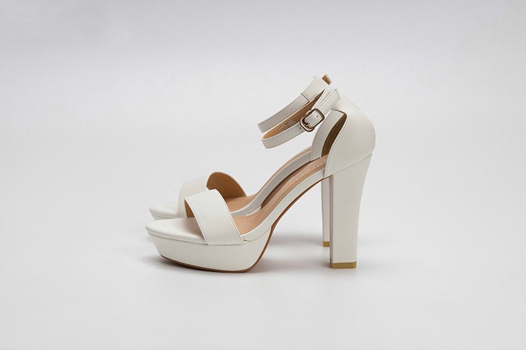 Minimalist White Square Heel Wedding Shoes. 12cm High Heel Bridal Shoes