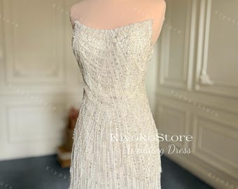 Beaded wedding dress. Reception dress. Mini wedding dress. Fringe wedding dress. Corset wedding dress.