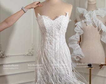 Sparkly Fringe Corset Mini Wedding Dress, Short Bridal Dress, Beaded Reception Dress, Bridal Mini Gown, Bachelorette Dress.