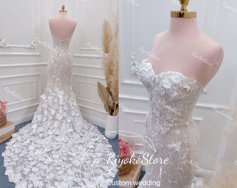 Gorgeous 3D flower fishtail wedding dress. Corset wedding dress. Strapless wedding dress. Custom wedding dresss.