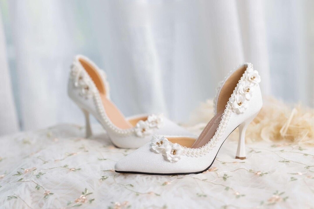Wedding Shoes Decorated With 3D Flowers and Beautiful Lace Trim. Luxury ...