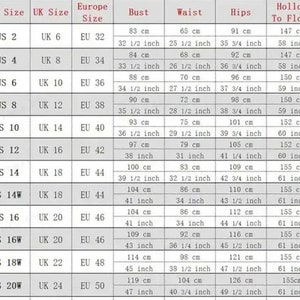 May include: Size chart for women's clothing with measurements in inches and centimeters. The chart shows US, UK, and European sizes, as well as bust, waist, hip, and hollow to floor measurements.