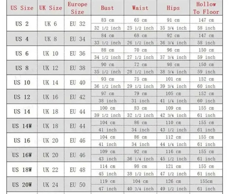 May include: Size chart for women's clothing with measurements in inches and centimeters. The chart shows US, UK, and European sizes, as well as bust, waist, hip, and hollow to floor measurements.