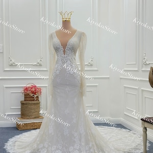 Long sleeve mermaid dress. Winter wedding dress. Beaded wedding dress. Lace wedding dress. Deep back wedding dress. Civil wedding dress.