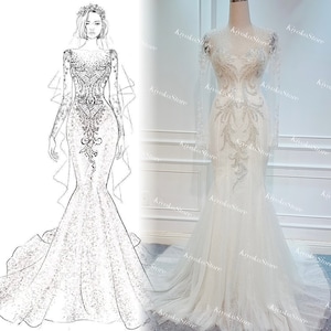 Mermaid wedding dresses. Long sleeve wedding dresses. Beaded wedding dresses. Custom wedding dresses. Sketch based wedding dresses.