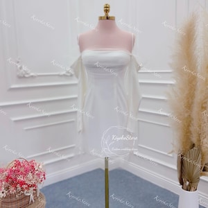 Short wedding dress made of soft crepe fabric. Long sleeve wedding dress. Custom dresses. Luxurious evening dress.