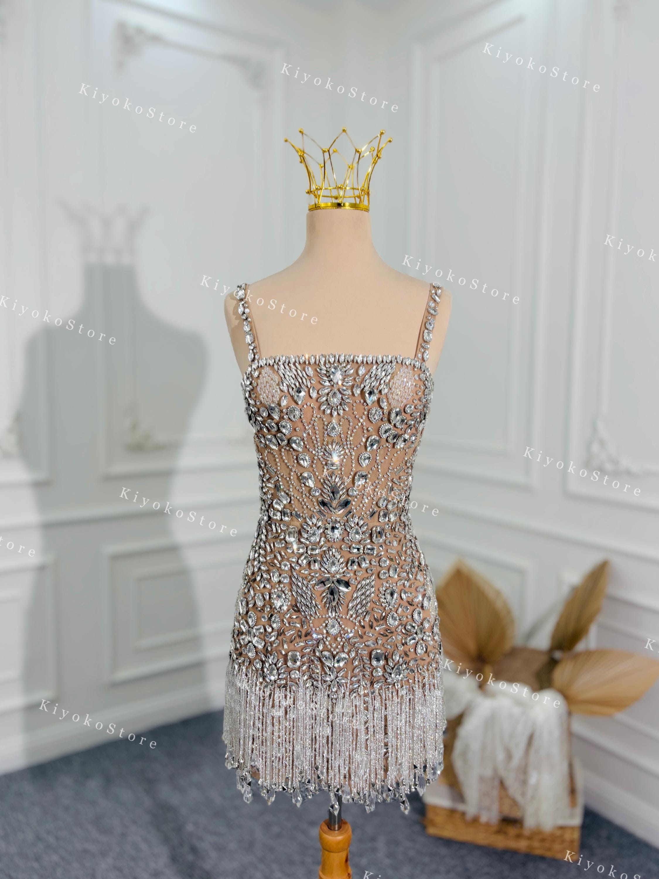Crystal fringe short dresses. Unique evening dresses. Short wedding dresses. Reception dresses. Ballroom dresses. Cocktail dresses.