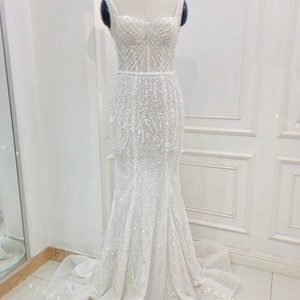 Sparkling corset wedding dress. Gorgeous backless mermaid wedding dress. Custom wedding dress.