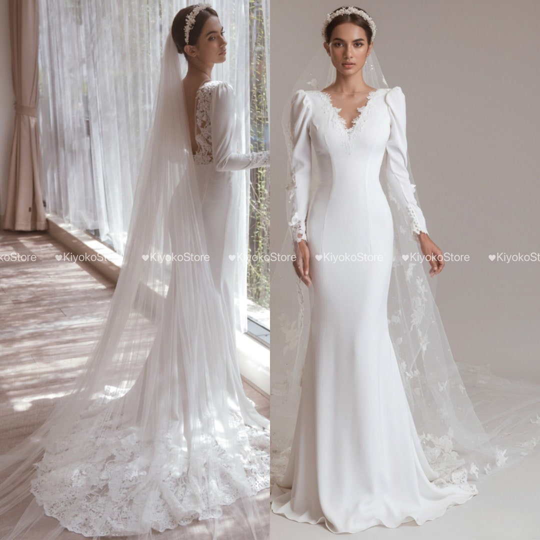 Luxurious Long-sleeved Fishtail Wedding Dress Made From Crepe Material ...