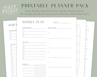 Paquete de planificadores diarios, semanales y mensuales - Imprimibles en formato A4/A5 (Descarga digital)