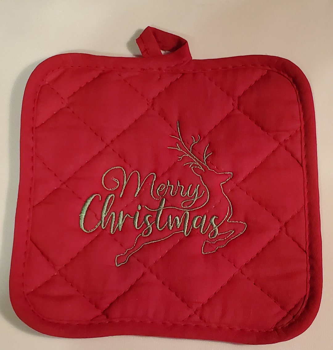 Embroidered Potholders Merry Christmas Reindeer Christmas Etsy