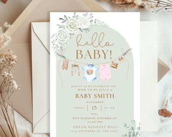 Gender Neutral Baby Shower Invitation, Baby Clothes, Baby Shower Editable Template, Neutral Baby Shower Printable Invite