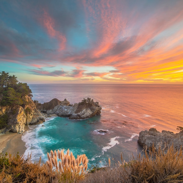 Dreamy & Dramatic Sunset at McWay Falls Beach, Julia Pfeiffer Burns State Park, Big Sur, California, Canvas Photos