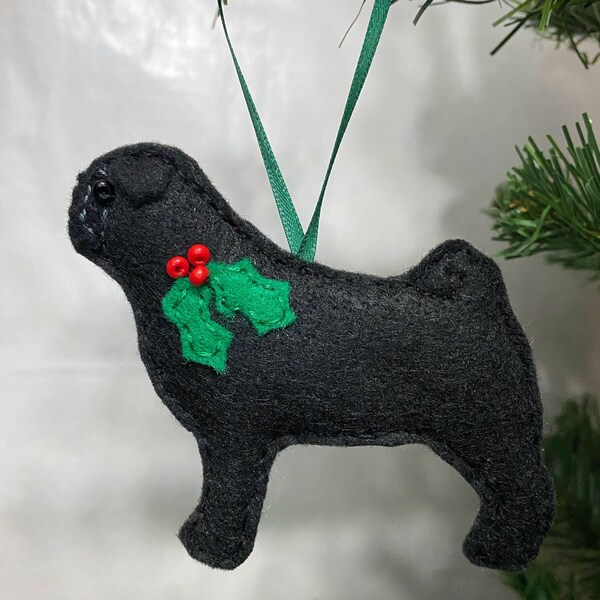 Pug Dog Handmade Felt Ornament, Black Pug