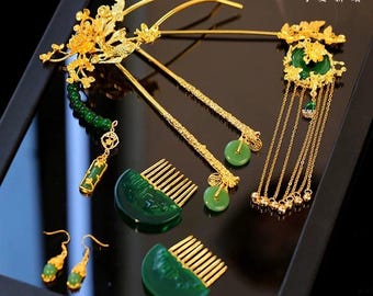 Traditional Chinese wedding jade color hairpin hair Dec set Tassel Long  Earrings 发簪