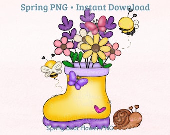 Vårstövelblomma PNG – Söt trädgårdsblommönster med bin, fjärilar, snigel