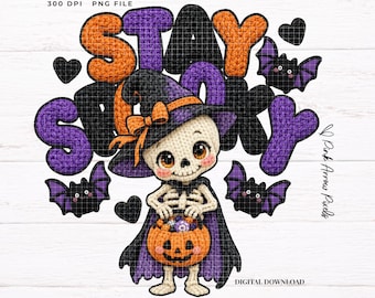 Stay Spooky PNG – かぎ針編みの骸骨魔女ハロウィンデザイン