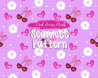 Sömlöst mönster med körsbärsrosett PNG – Rosa Coquette Hearts Blommigt digitalt papper