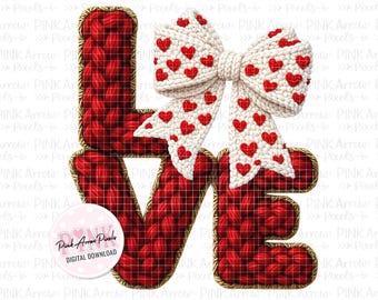 Faux Yarn LOVE Bow PNG | Valentine’s Day Crochet Style Design | Red Knit Lettering with Bow | Digital Download