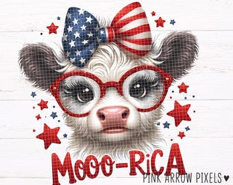 Moo-rica Patriotyczna krowa szkocka - urocze patriotyczne zwierzę - projekt sublimacji w USA - obchody 4 lipca