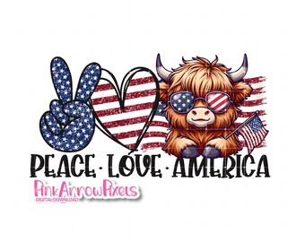 Patriotyczny obraz z szkocką krową z brokatem - Peace Love America PNG