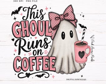 この幽霊はコーヒーで動く PNG、かわいいハロウィンの幽霊 DTF & 昇華デザイン