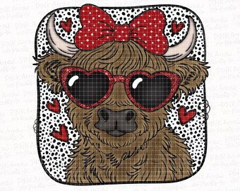 Alla hjärtans dag höglandsko PNG – Söt ko med rosett och hjärtglasögon, sublimeringsdesign