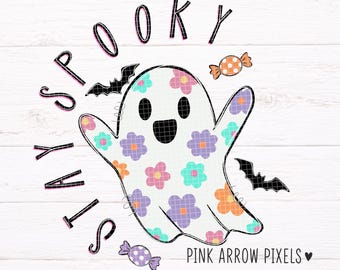 Stay Spooky Ghost PNG | Uroczy projekt koszulki z duchem na Halloween | Sublimacja ducha w stylu retro kwiatowym PNG