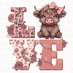 Highland Cow Love PNG: Western Valentine's Sublimation Design (Digital Download)