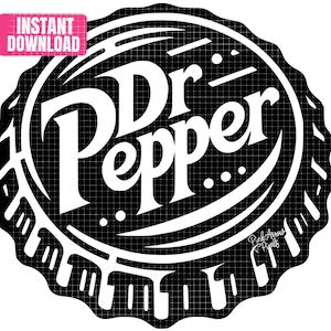 May include: A black and white Dr. Pepper logo design, resembling a bottle cap. The words "Dr Pepper" are in a bold, white, stylized font. The image includes the text "Instant Download" in a pink box.