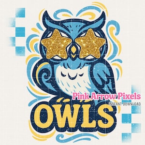 Owls Mascot PNG | Glitter Star Eyes Owl Design | High School Spirit Animal | Retro Distressed Owl PNG | Team Owl Digital Download