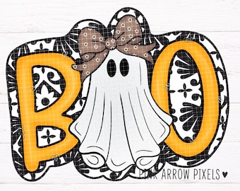 Boo Ghost PNG, inspirowana Meksykiem terakotowa kokarda i kwiatowy papier Picado, sublimacja na Halloween, pobieranie cyfrowe