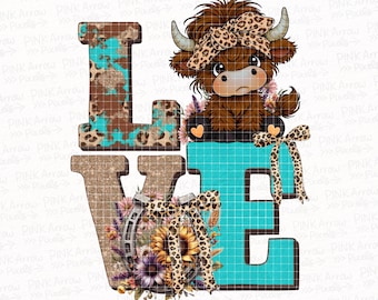 Highland Cow LOVE PNG – projekt sublimacji Western Cowgirl