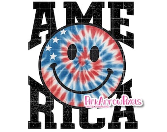 Tie Dye America Smiley Face PNG | Projekt sublimacji 4 lipca | Retro Patriotyczny Clipart | Grafika na koszulkę z okazji Dnia Niepodległości USA